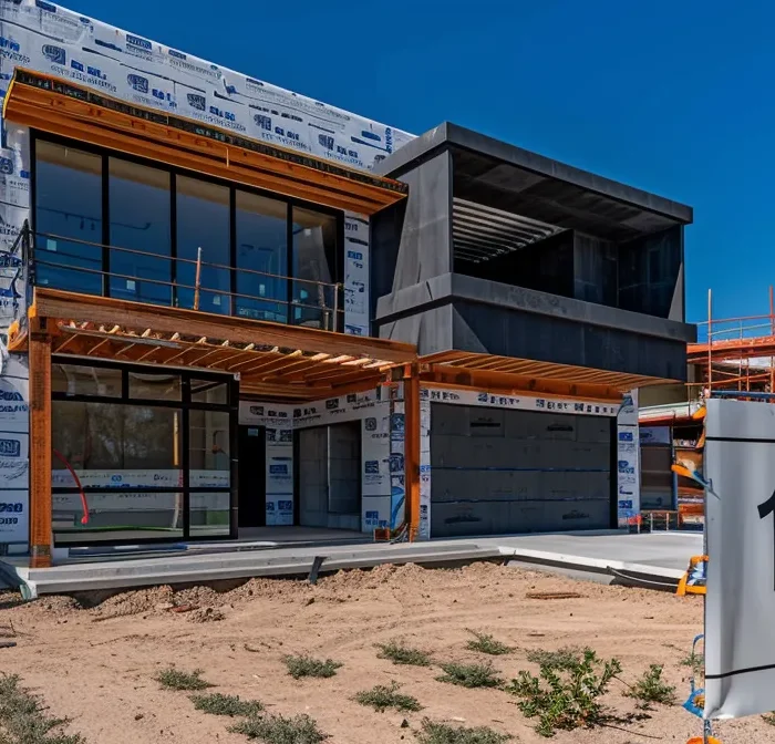 a modern, sleek home under construction with a large "1st place on google" banner displayed prominently in the front yard.