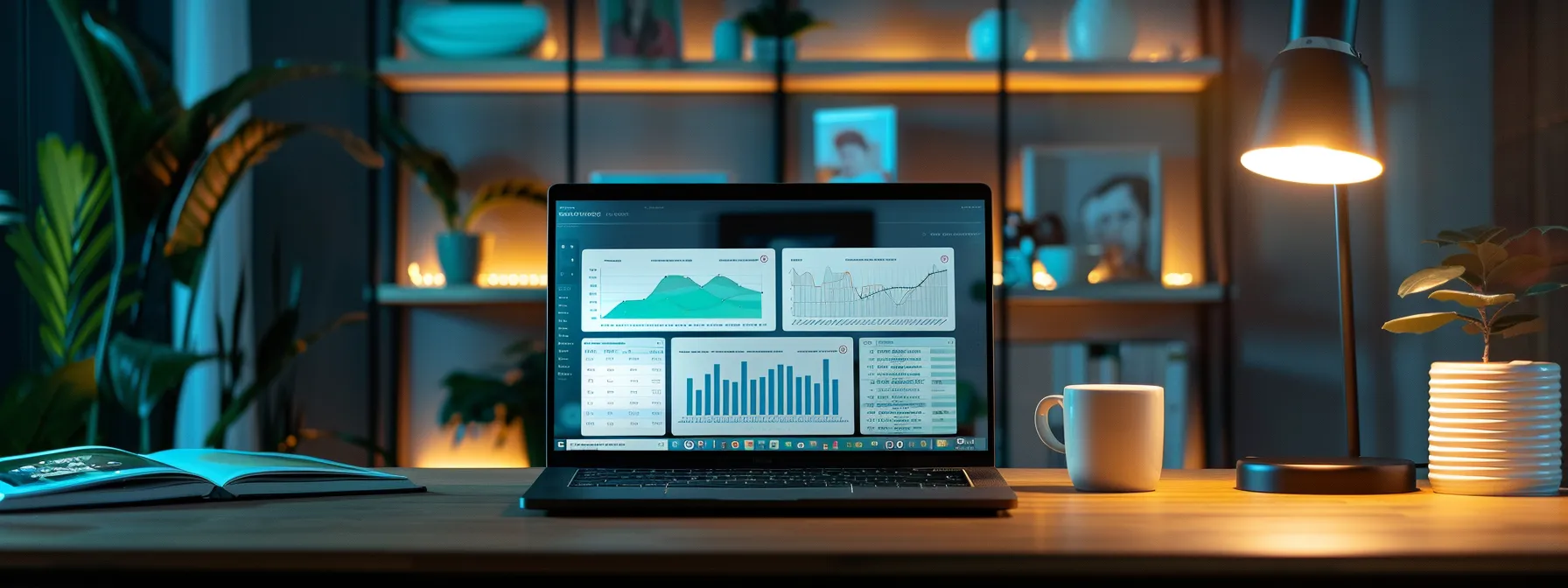 a laptop screen displaying a sleek email marketing dashboard with graphs and kpis, surrounded by modern home design magazines and social media icons.