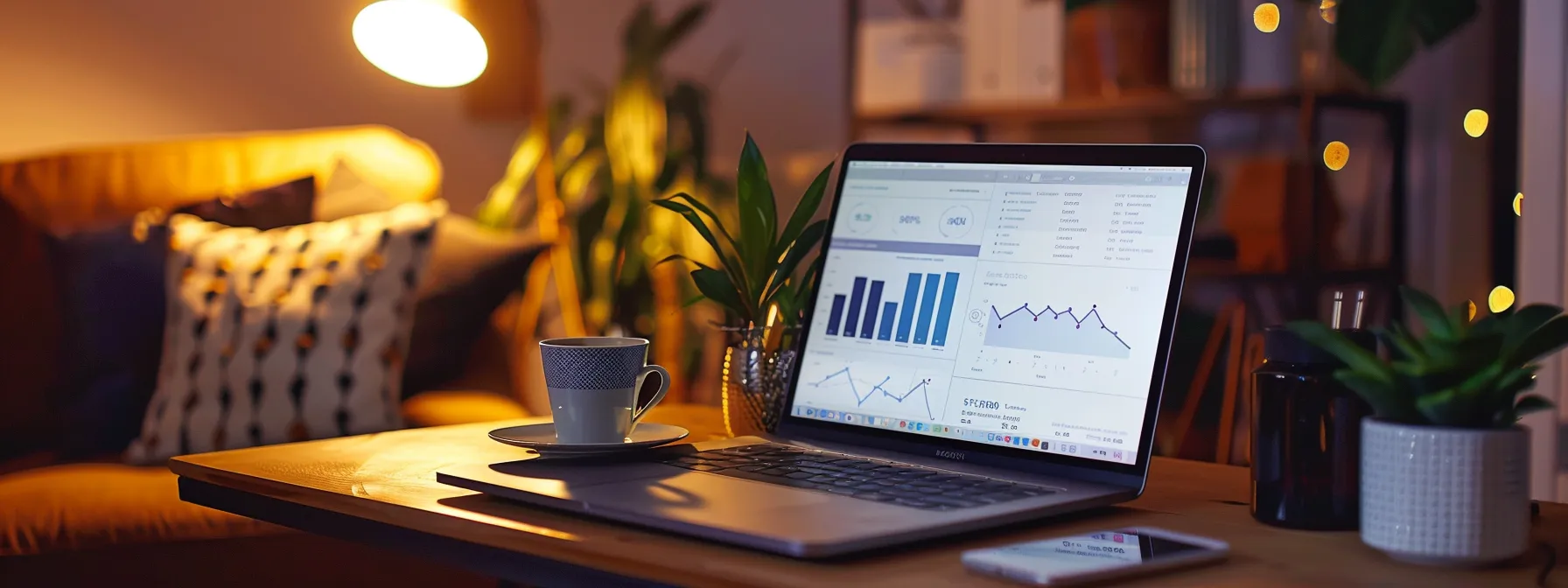 a laptop displaying charts and graphs related to email campaign metrics, surrounded by a cozy home office setting with a cup of coffee and a plant.