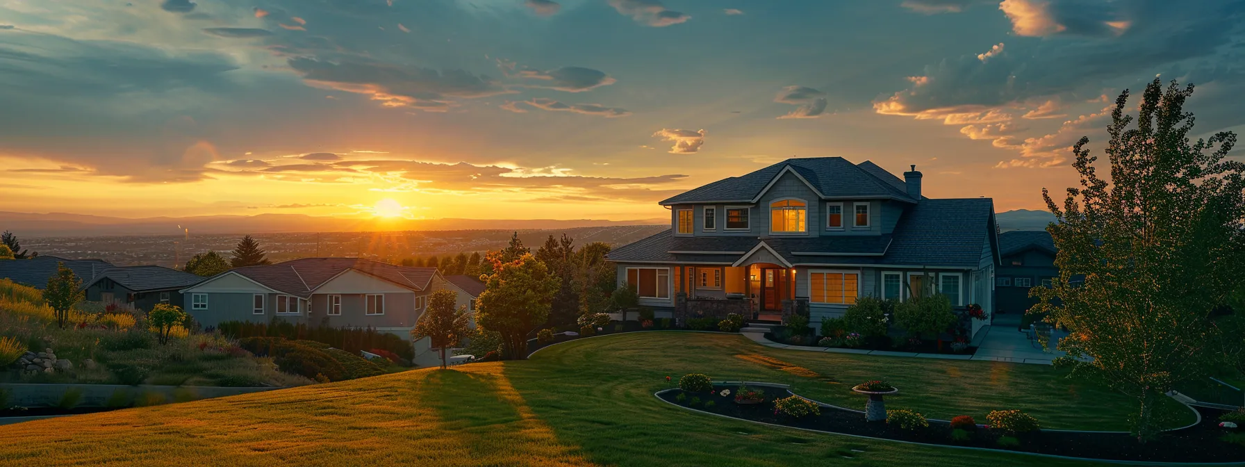 a stunning, modern home exterior with a beautifully landscaped yard and a vibrant sunset in the background.