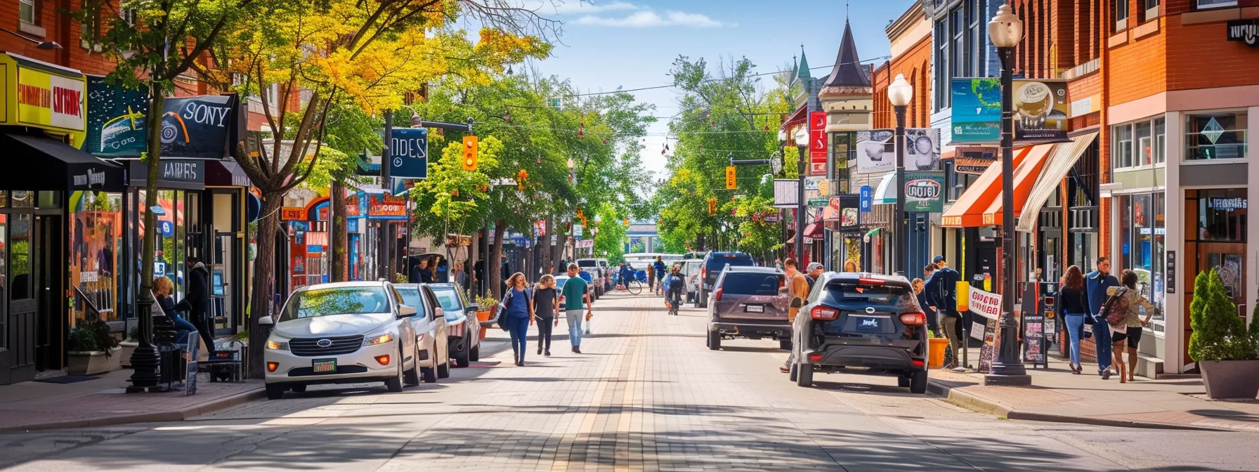 a vibrant, bustling street in manitoba lined with local businesses showcasing their products online, attracting a diverse array of potential customers.