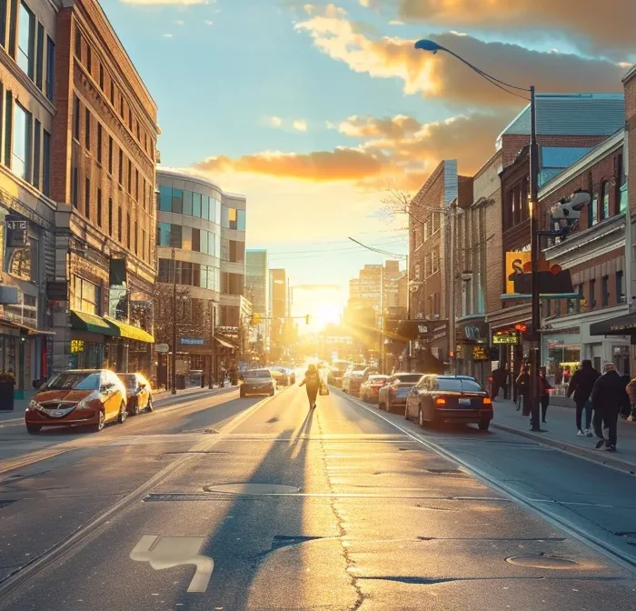 vibrant downtown street in manitoba bustling with small businesses' online promotions.