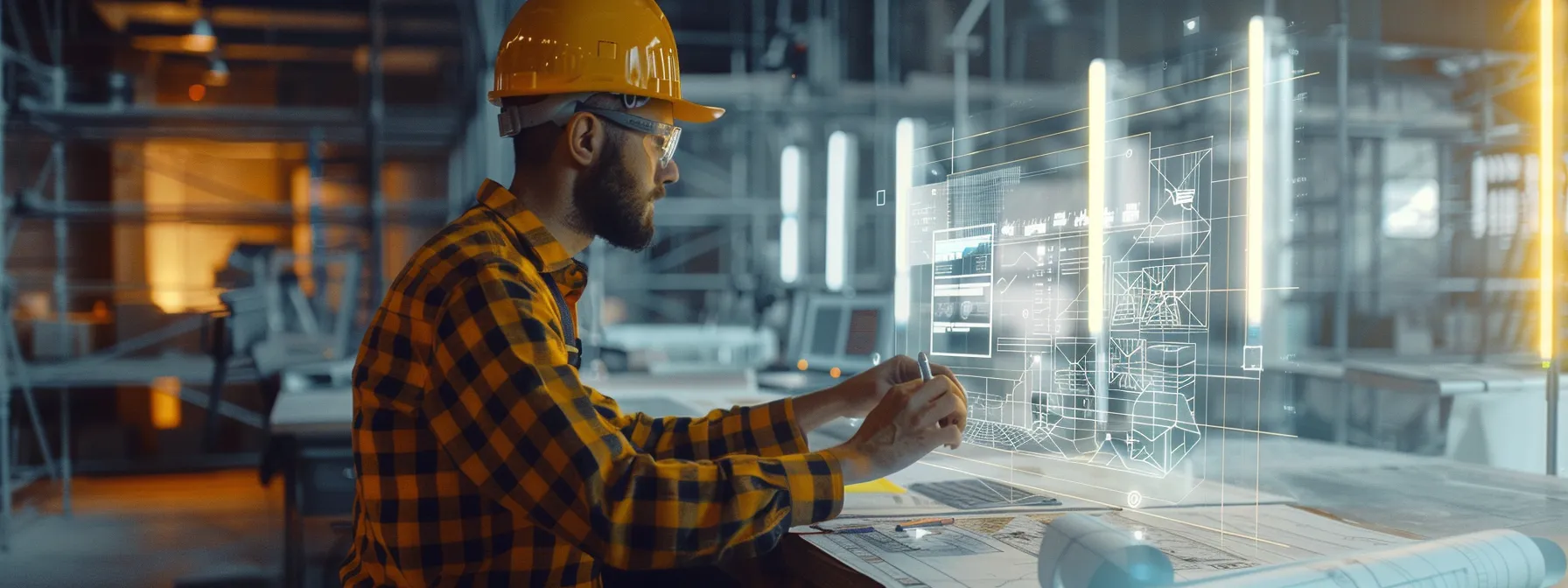 a construction worker confidently selects the perfect email tool on a sleek digital interface, surrounded by blueprints and a hardhat, showcasing advanced sales automation and market segmentation features.