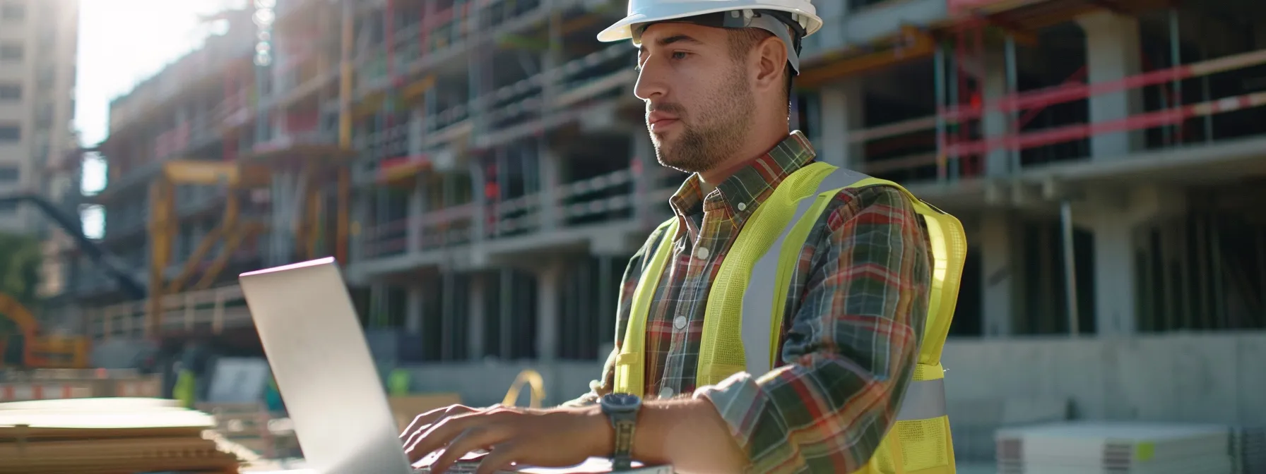 a construction worker in a hard hat using a laptop on a building site, surrounded by a digital interface of personalized client emails and automated follow-up reminders.