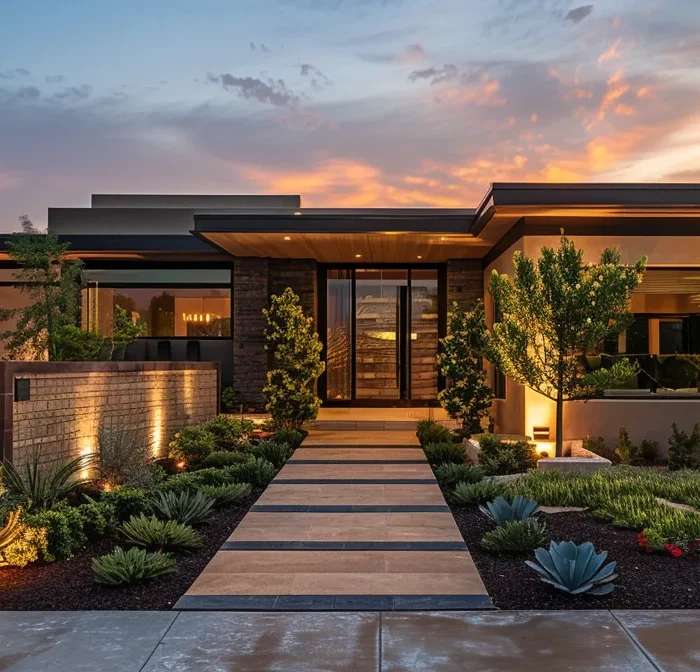 a captivating image of a modern, custom-built home with a sleek design and lush landscaping, perfect for engaging content on instagram for home builders.