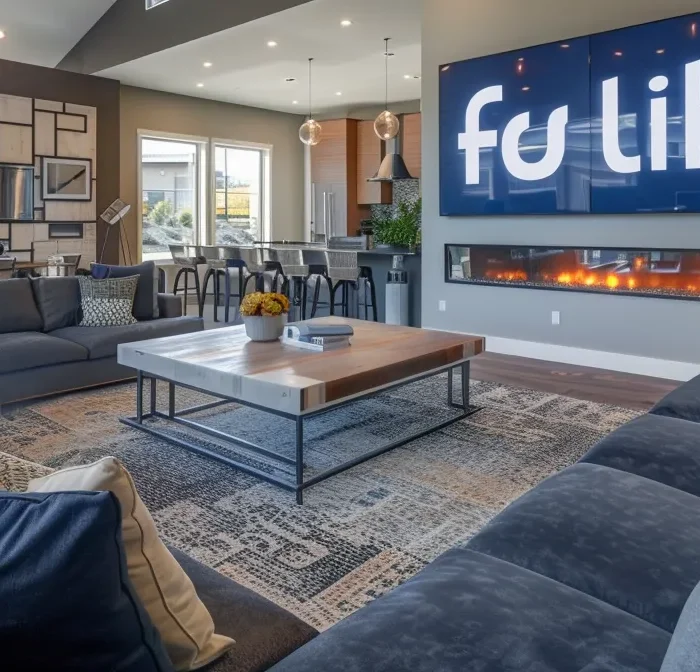 a modern, sleek model home with a large facebook "like" button displayed prominently in the living room.