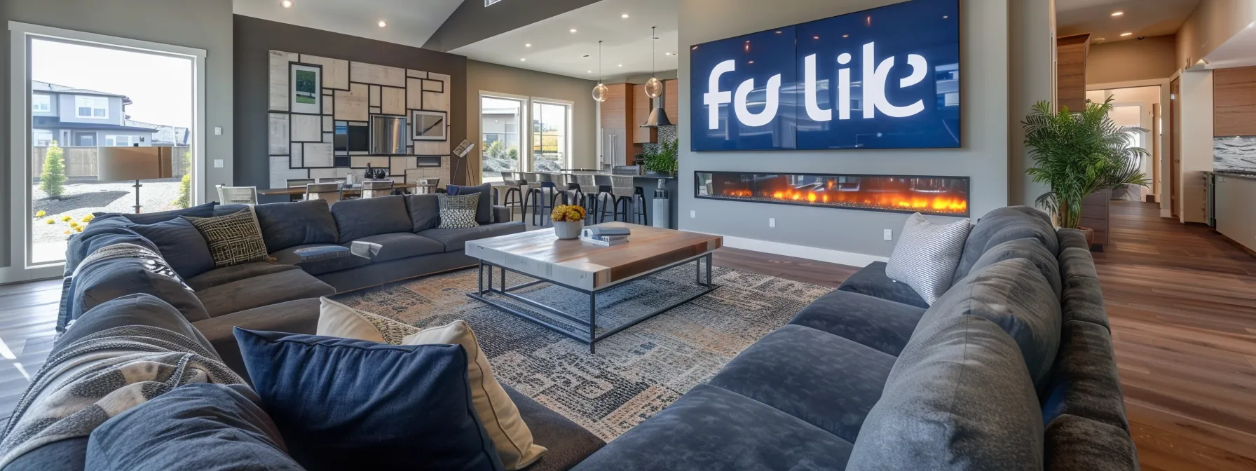 a modern, sleek model home with a large facebook "like" button displayed prominently in the living room.