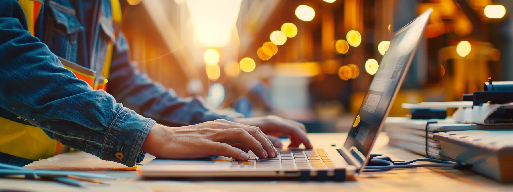 a construction worker using a specialized email automation tool on a laptop, with a sleek and efficient interface displaying customer communication and follow-up processes.