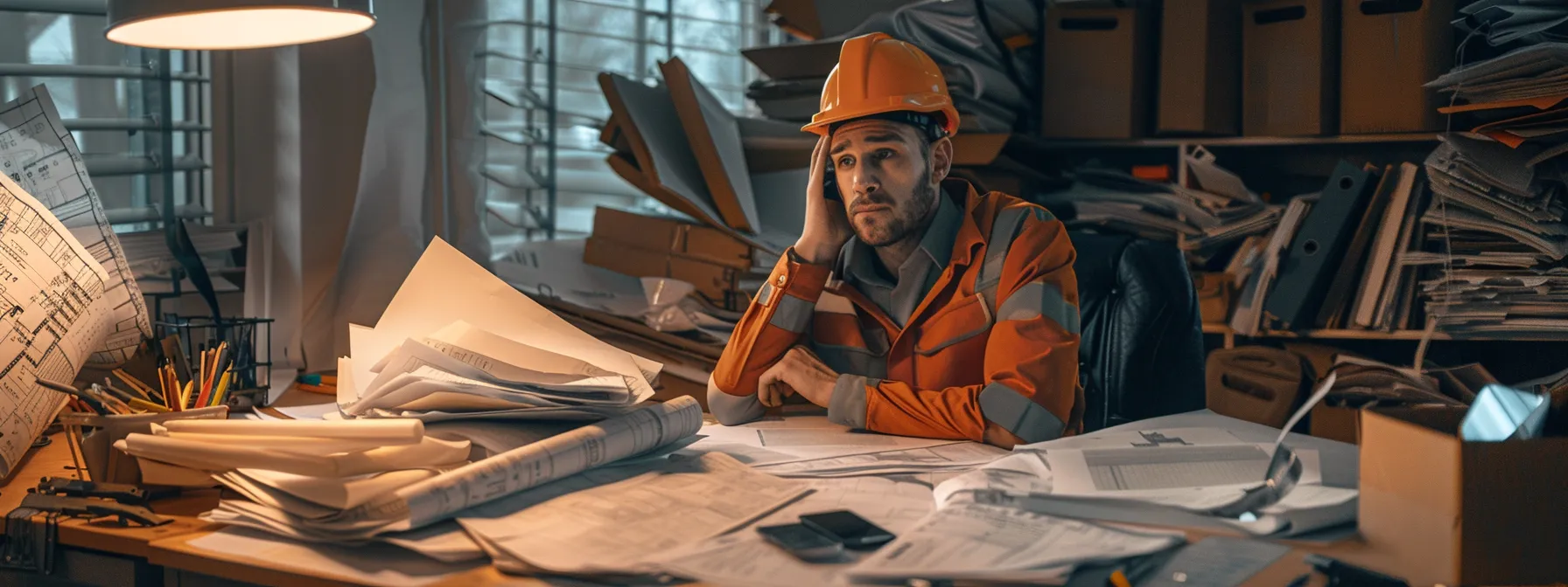 a construction worker looking frustrated while juggling a pile of paperwork and a phone, surrounded by a cluttered desk with scattered blueprints and unfinished projects.