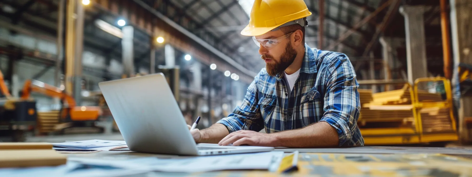 a construction worker carefully crafting a targeted facebook ad campaign on a laptop, surrounded by notes and charts for maximum reach.