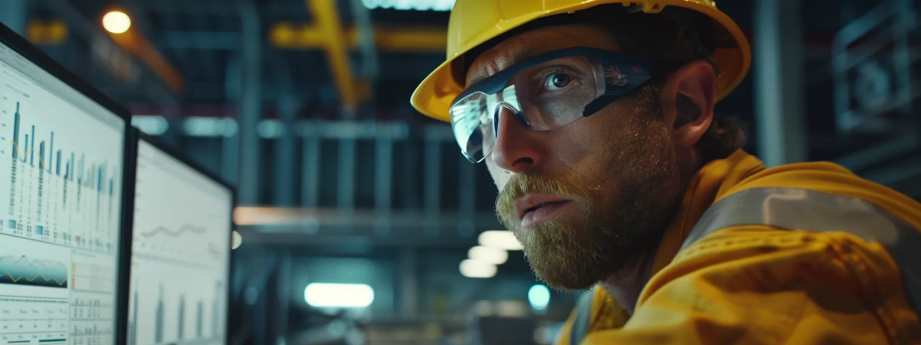 a construction worker carefully crafting a personalized email message with performance metrics displayed on a computer screen in the background.