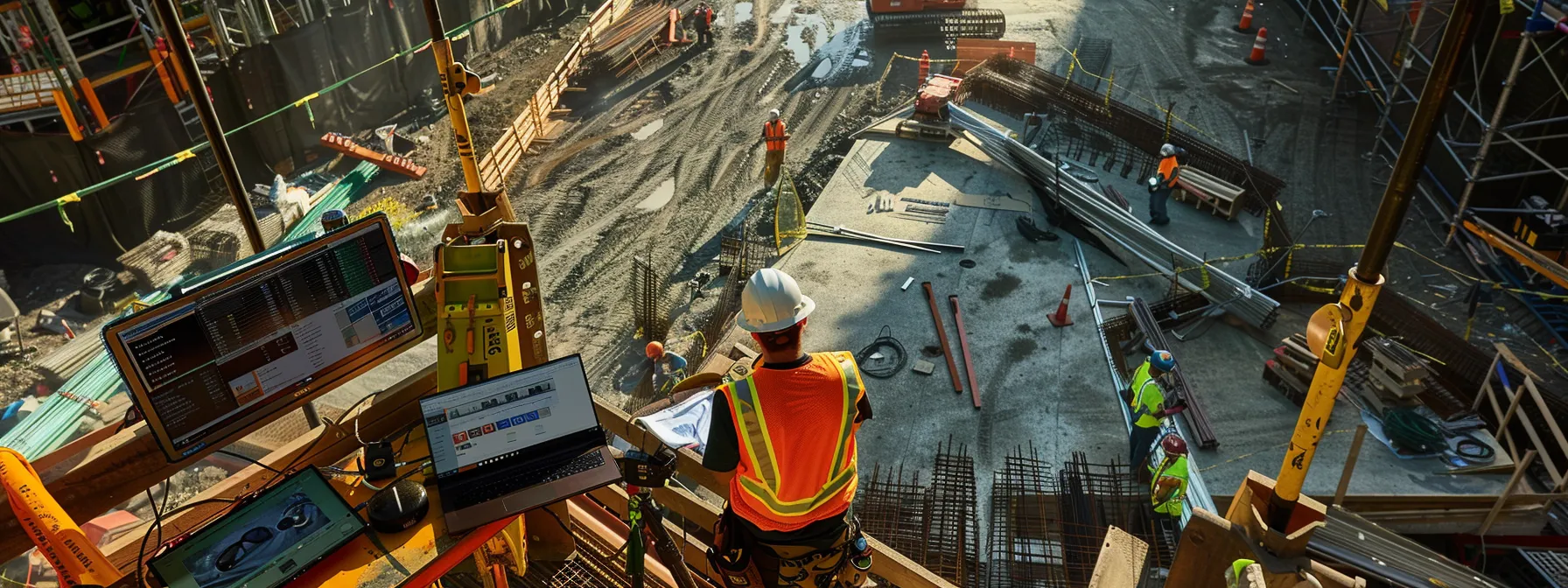 a construction site with workers utilizing drag and drop features on a laptop to set up automated email sequences for improved sales.