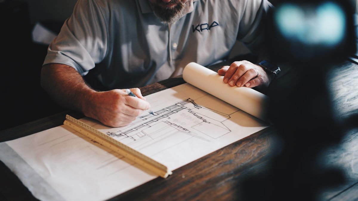 Architect drafting detailed blueprints for a design-build firm project