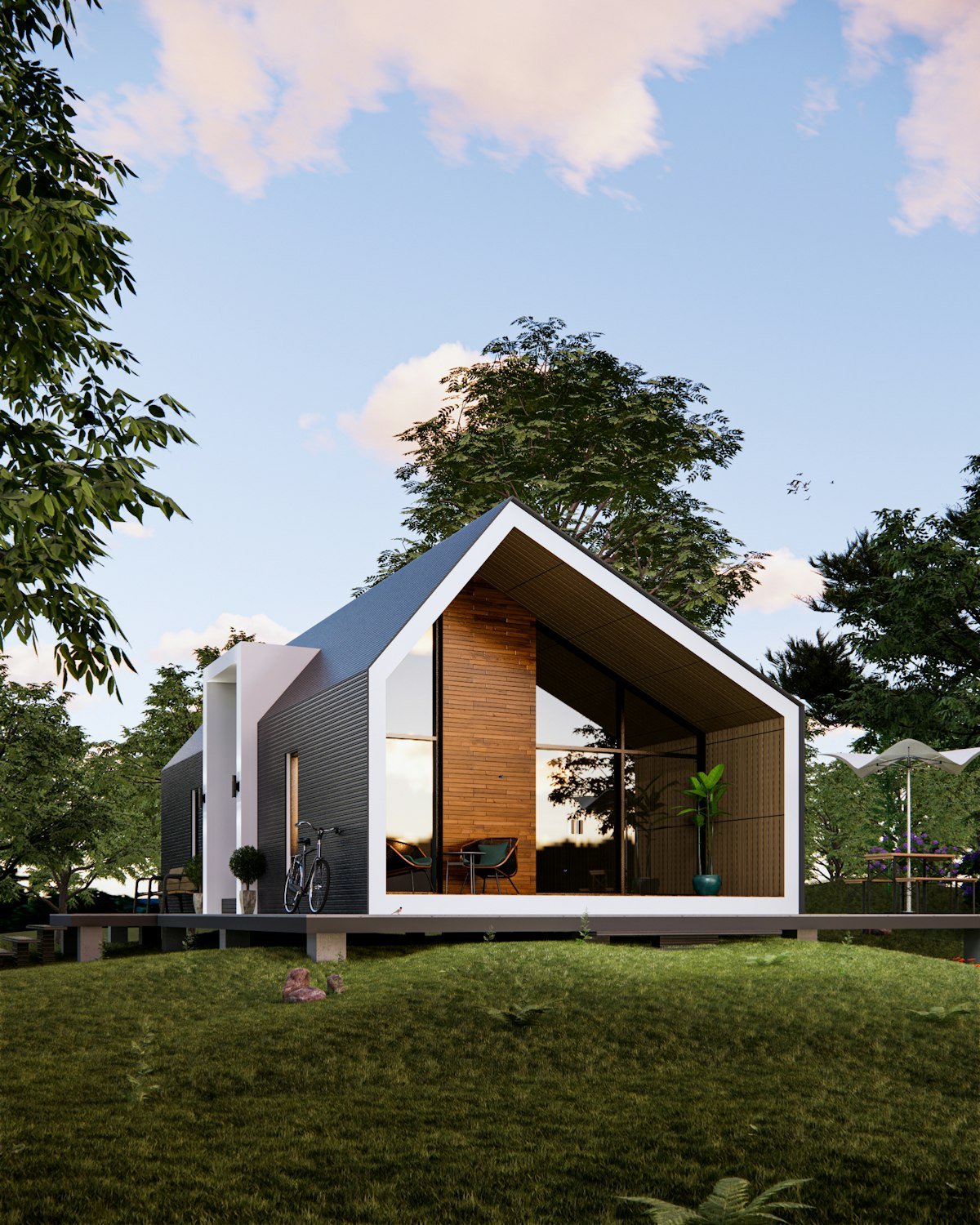 Modern modular home with floor-to-ceiling glass front showing premium prefab quality