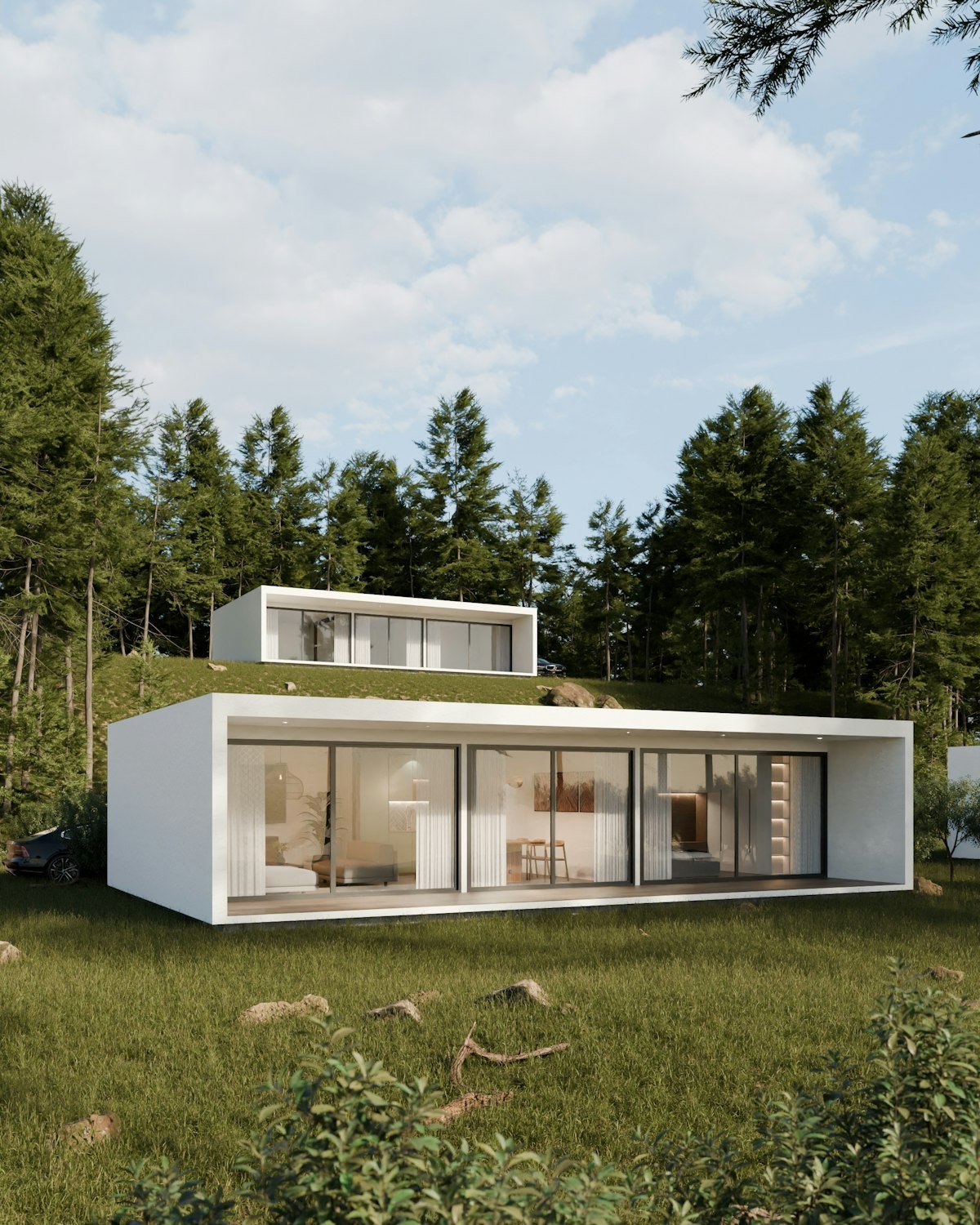 Modern modular homes with clean architectural lines in a forest setting