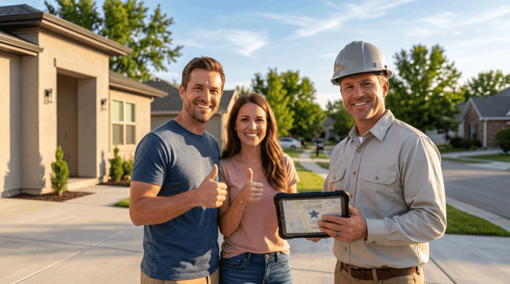 A satisfied homeowner couple standing in front of their newly completed home