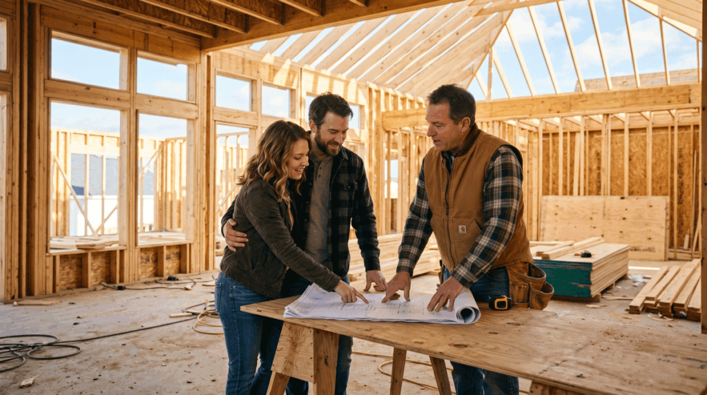 A homeowner couple in their late 30s standing in their unfinished custom home frame