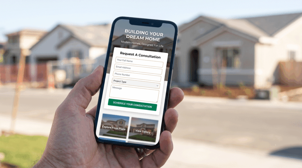 a smartphone screen in someone's hand showing a home builder's website with a prominent lead capture form and a "Schedule Your Consultation" CTA button.