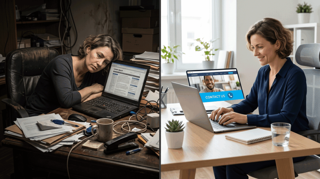 A side-by-side visual concept: on the left, a dark cluttered office desk with a neglected laptop showing a generic website, on the right, a clean modern desk with a bright laptop showing a well-structured homepage with a visible contact button