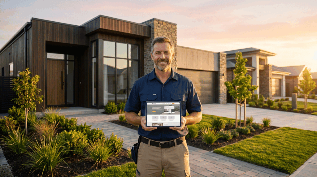 A general contractor standing in front of a newly completed modern suburban home