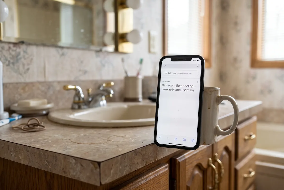 How Much Do Google Ads Cost for Home Builders? CPCs, Budgets, and Cost per Lead 1 a smartphone propped against a coffee mug on the counter