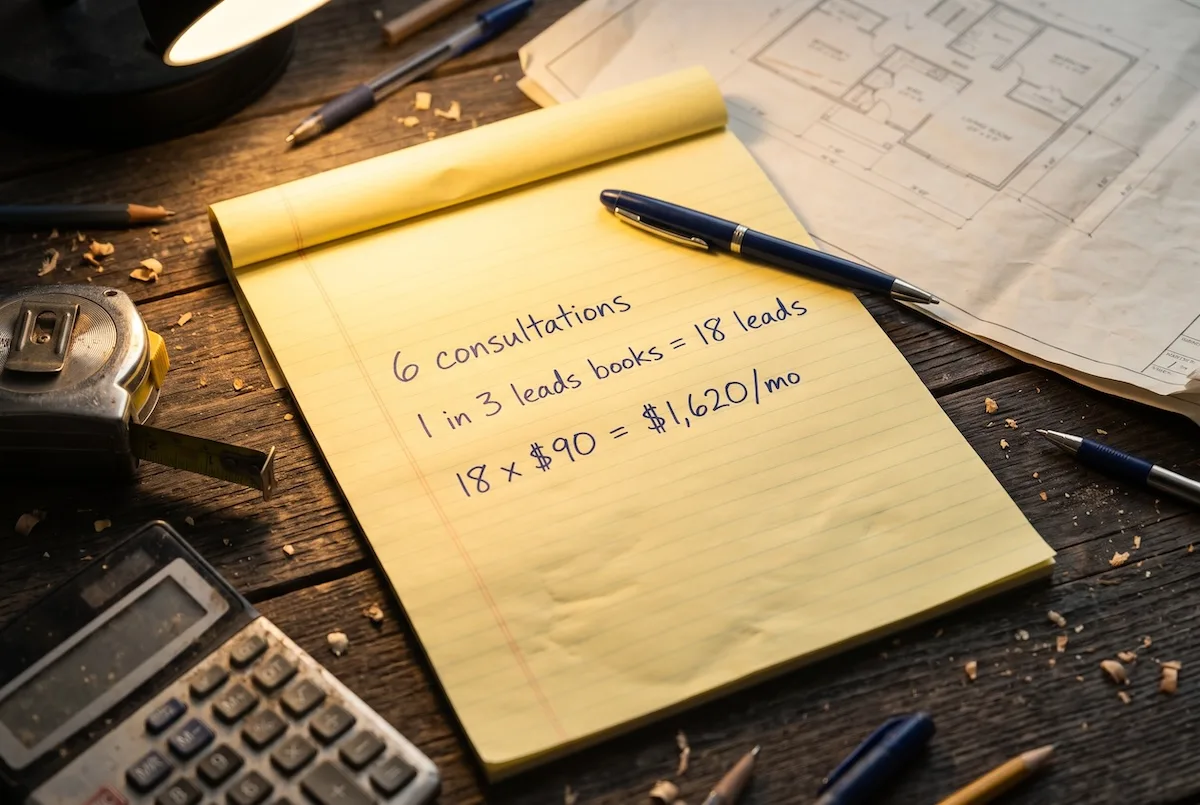 How Much Do Google Ads Cost for Home Builders? CPCs, Budgets, and Cost per Lead 2 a builder's desk with a yellow legal pad showing handwritten budget math