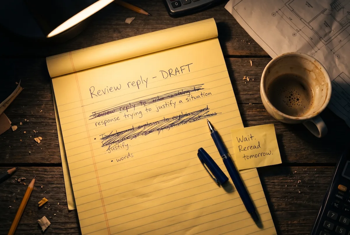How to Respond to Negative Reviews as a Contractor (With Copy-Paste Reply Templates) 1 a desk at night under a single lamp