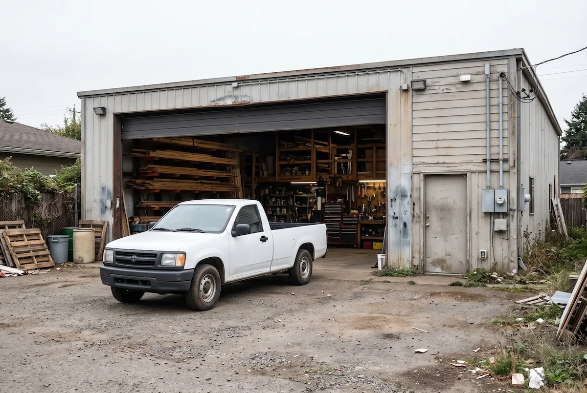 Google Business Profile Suspended? How Contractors Get Reinstated Fast 2 the exterior entrance of a small contractor workshop, steel roll-up garage door partly open showing organized tools and lumber racks inside