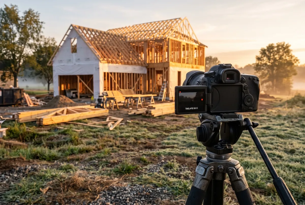 YouTube Shorts Ads for Home Builders: How to Turn 30-Second Clips Into Leads 2 a camera on a sturdy tripod at the edge of a residential construction site at sunrise