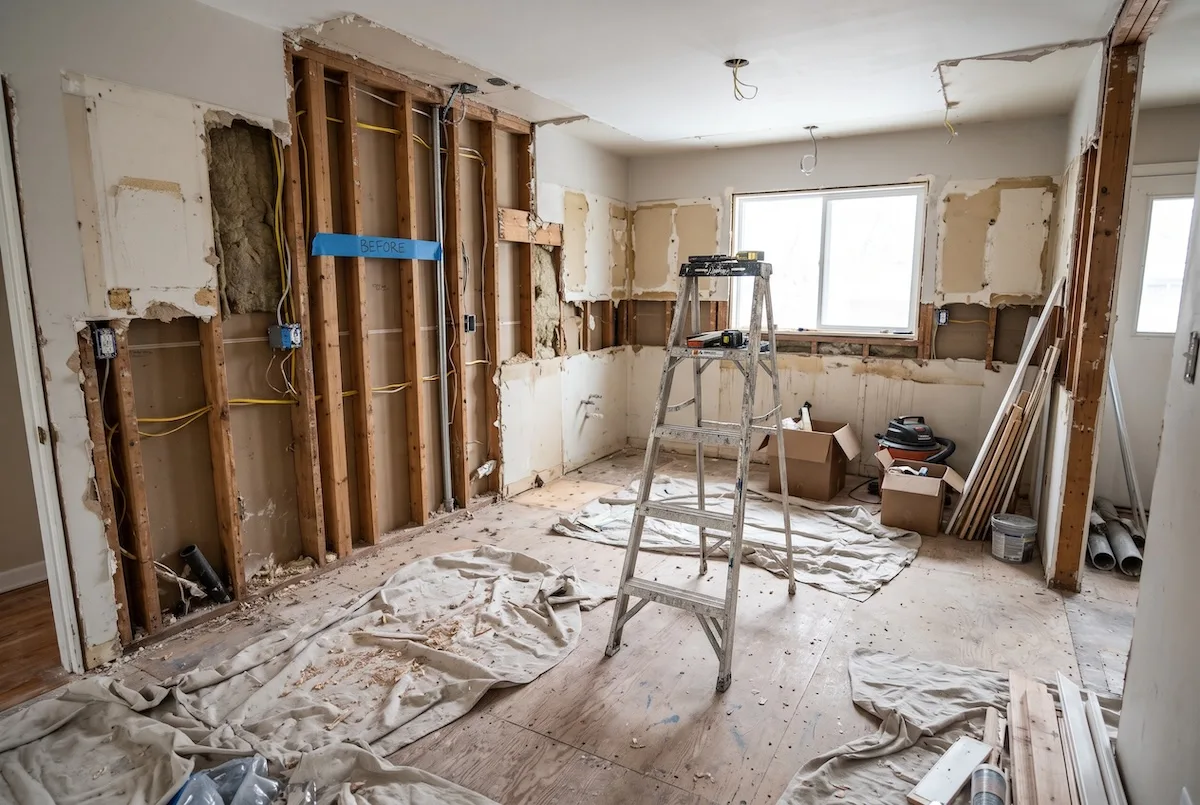 YouTube Shorts Ads for Home Builders: How to Turn 30-Second Clips Into Leads 1 a kitchen mid-renovation: cabinets removed, exposed wall studs and new wiring
