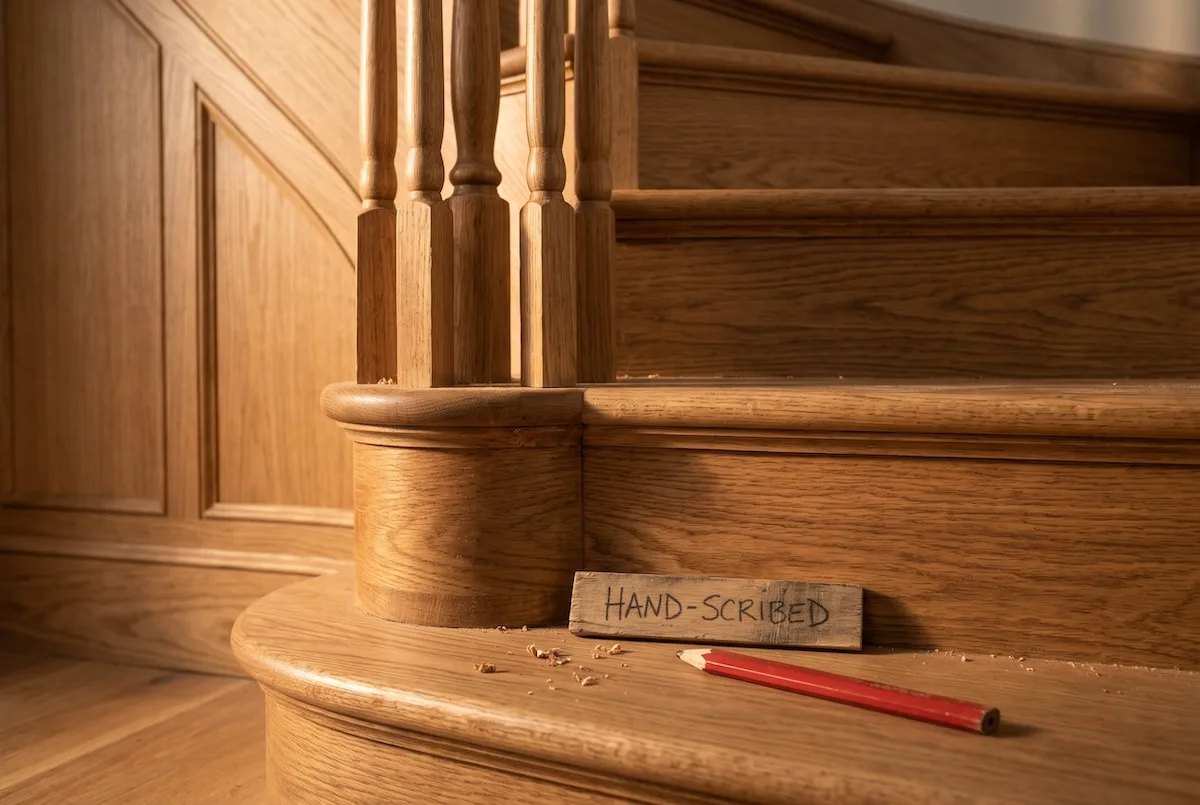 YouTube Ad Examples for Home Builders: 10 Scripts That Get Homeowners to Call 2 a curved hardwood staircase with hand-finished balusters beside custom-scribed built-in cabinetry,